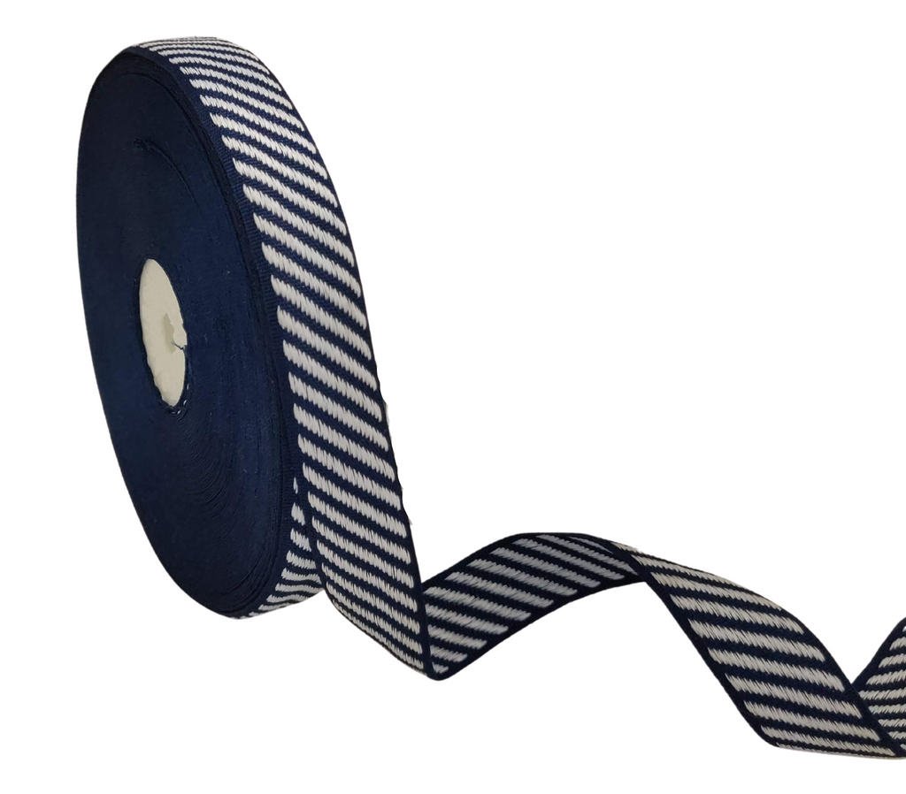 NAVY BLUE WITH OFF-WHITE DIAGONAL STRIPES RIBBON (20 MM)