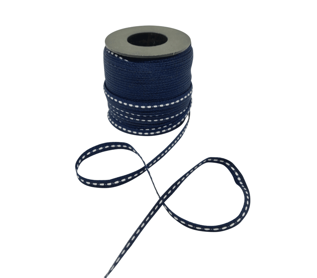 NAVY BLUE WITH WHITE ALLURA STITCHED RIBBON (06MM | 50MTR)