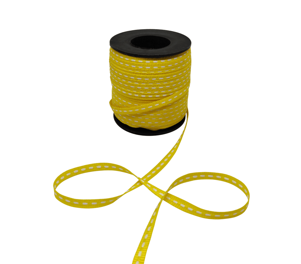 YELLOW WITH WHITE ALLURA STITCHED RIBBON (06MM | 50MTR)