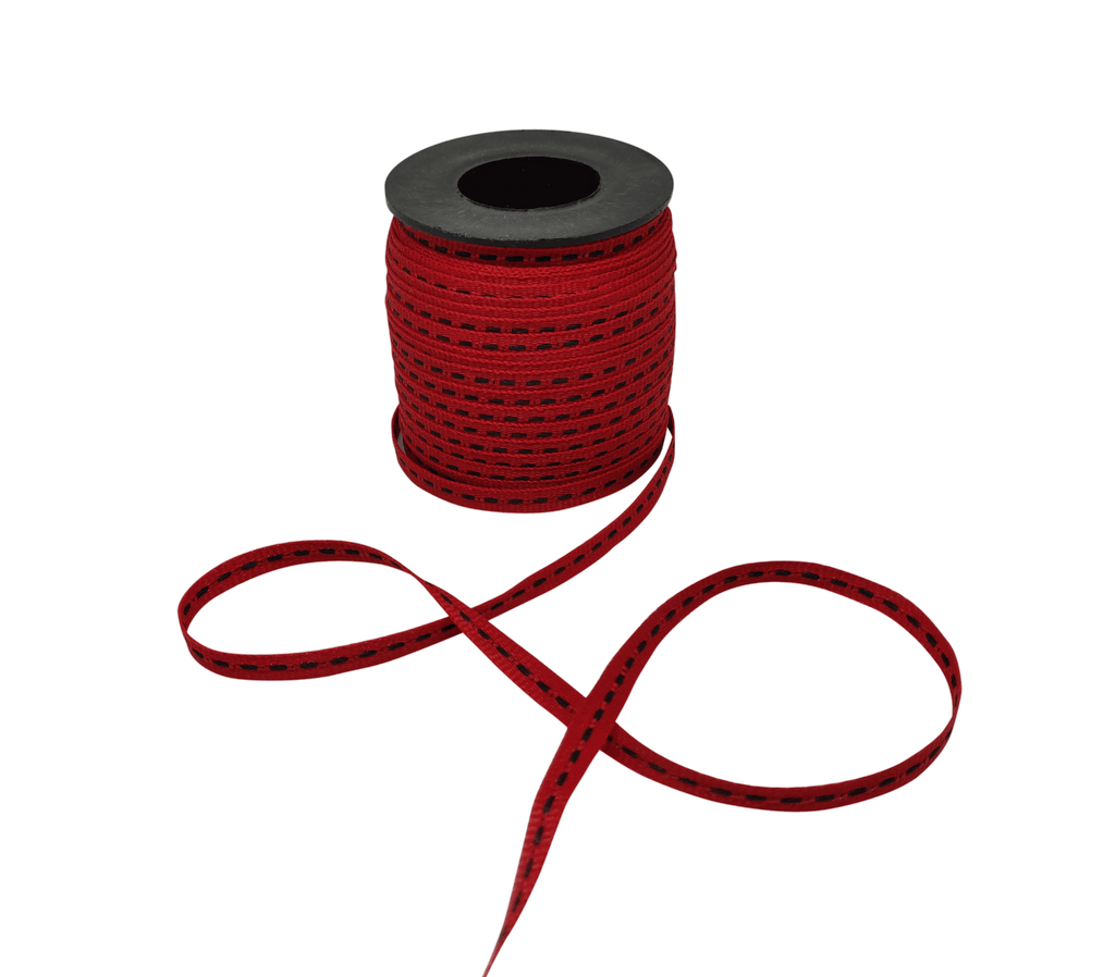 RED WITH BLACK ALLURA STITCHED RIBBON (06MM | 50MTR)