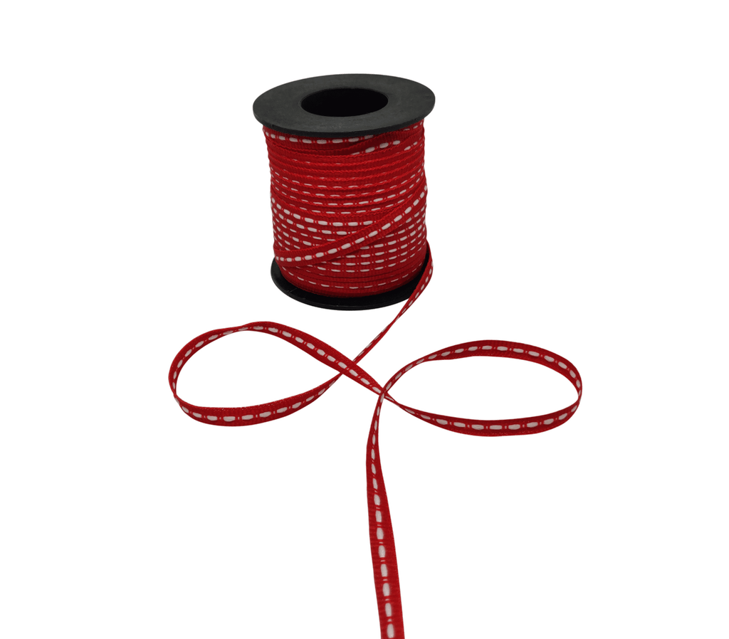 RED WITH WHITE ALLURA STITCHED RIBBON (06MM | 50MTR)