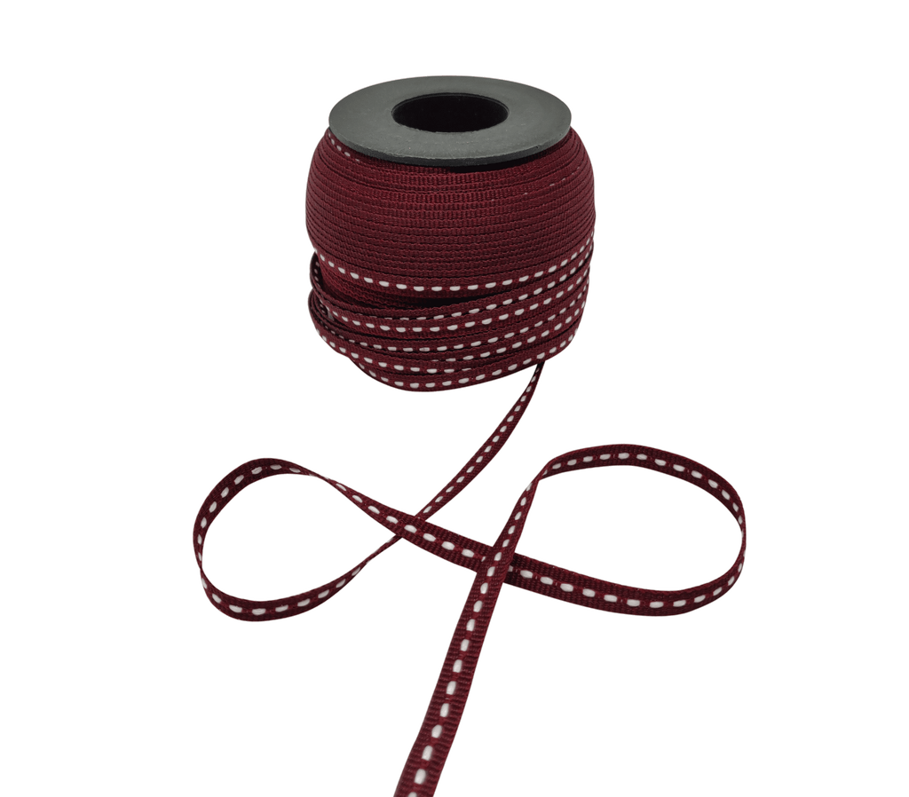 MAROON WITH WHITE ALLURA STITCHED RIBBON (06MM | 50MTR)