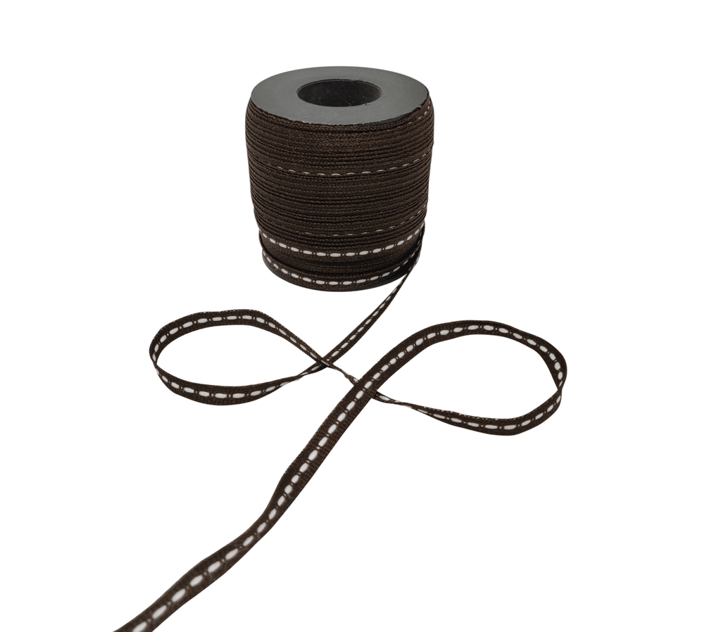 COFFEE BROWN WITH WHITE ALLURA STITCHED RIBBON (06MM | 50MTR)