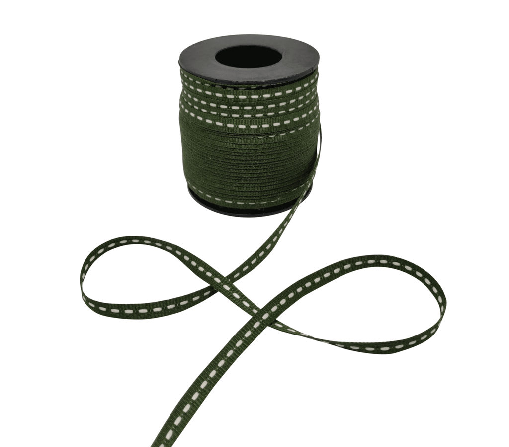 MILITARY GREEN WITH WHITE ALLURA STITCHED RIBBON (06MM | 50MTR)