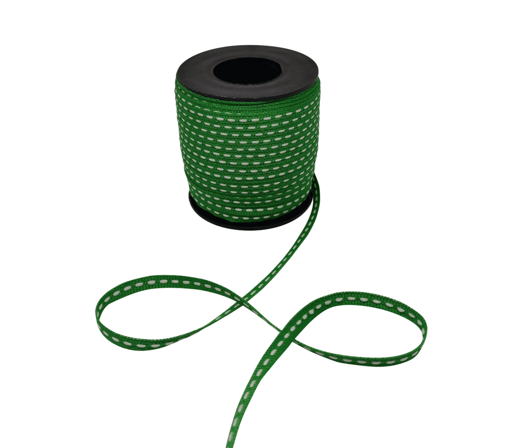 GREEN WITH WHITE ALLURA STITCHED RIBBON (06MM | 50MTR)