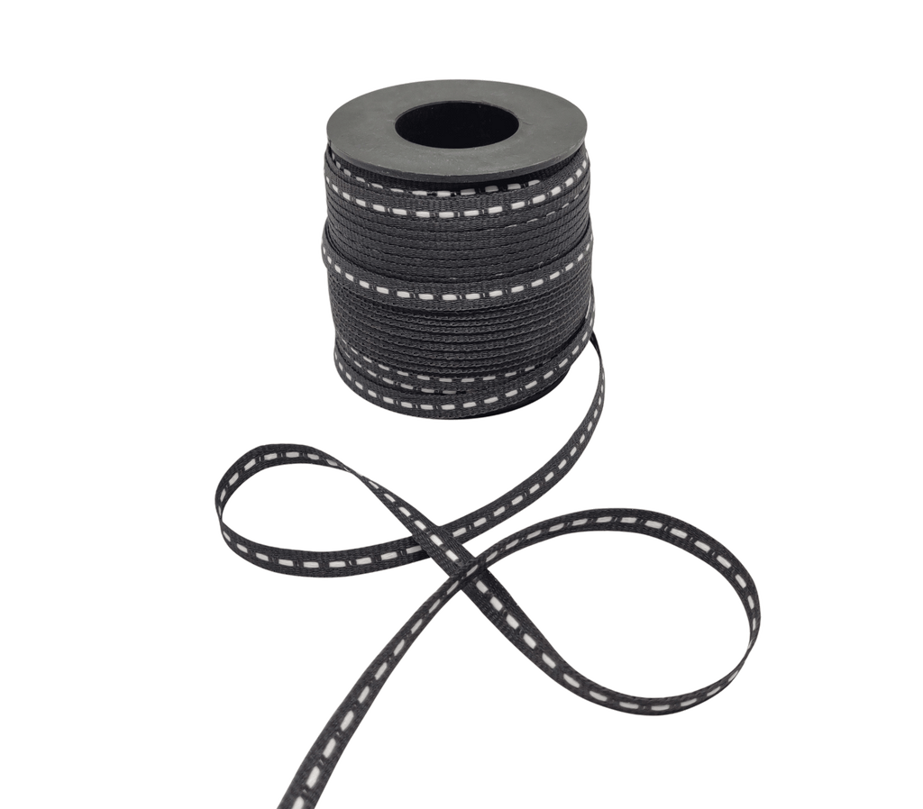 CHARCOAL GREY WITH WHITE ALLURA STITCHED RIBBON (06MM | 50MTR)