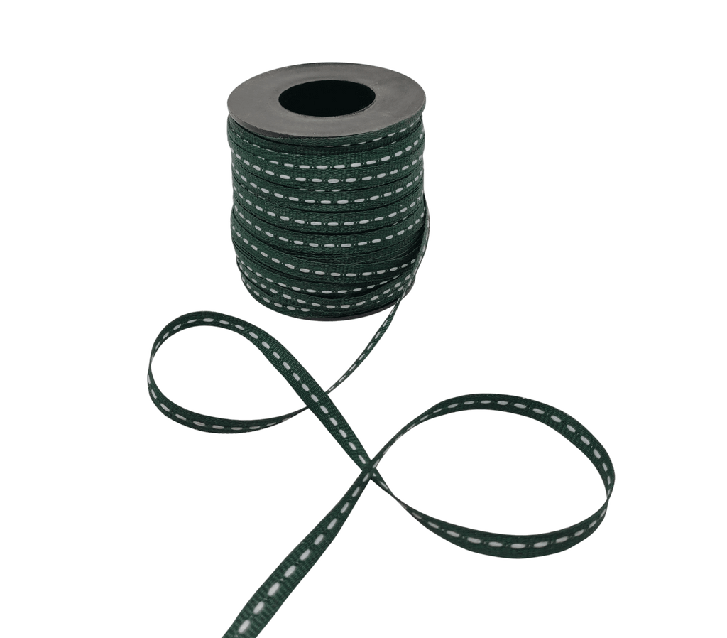 BOTTLE GREEN WITH WHITE ALLURA STITCHED RIBBON (06MM | 50MTR)