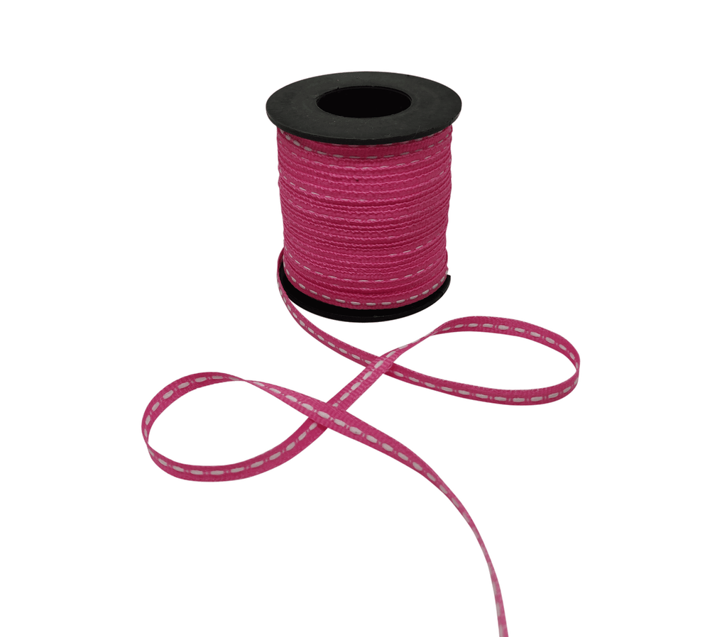 HOT PINK WITH WHITE ALLURA STITCHED RIBBON (06MM | 50MTR)
