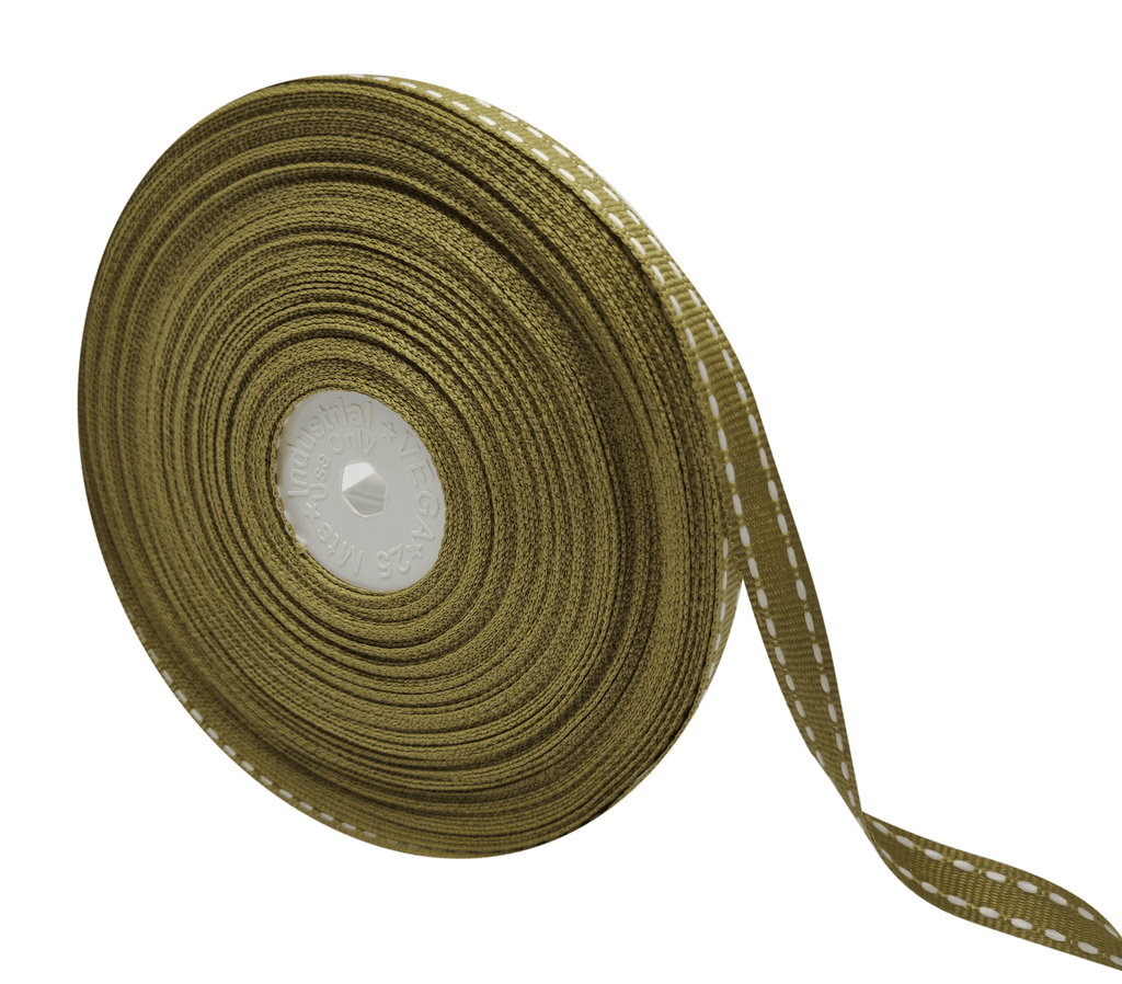 MEHENDI GREEN WITH WHITE ALLURA STITCHED RIBBON (10MM | 25MTR)