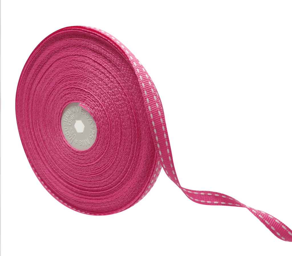 HOT PINK WITH WHITE ALLURA STITCHED RIBBON (10MM | 25MTR)