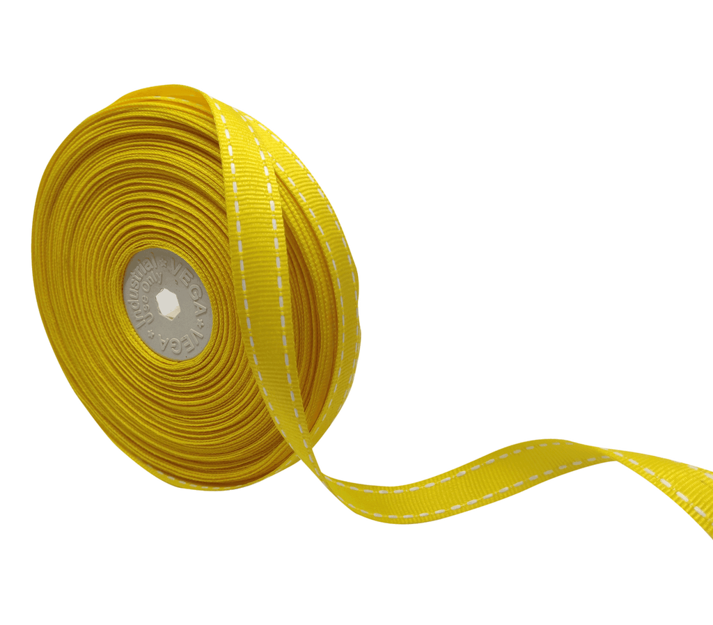YELLOW WITH WHITE ALLURA STITCHED RIBBON (15MM | 25MTR)