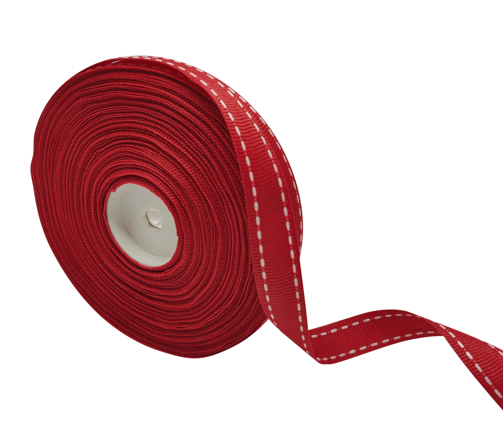 RED WITH WHITE ALLURA STITCHED RIBBON (15MM | 25MTR)
