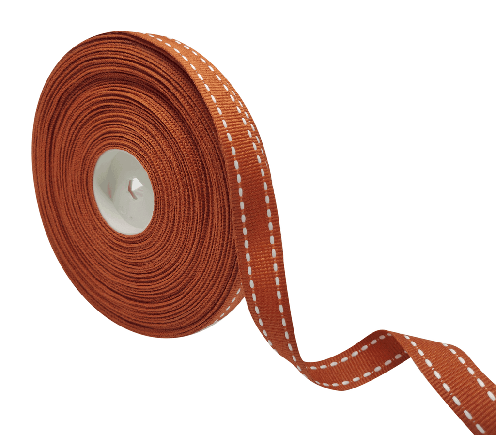 RUST BROWN WITH WHITE ALLURA STITCHED RIBBON (15MM | 25MTR)