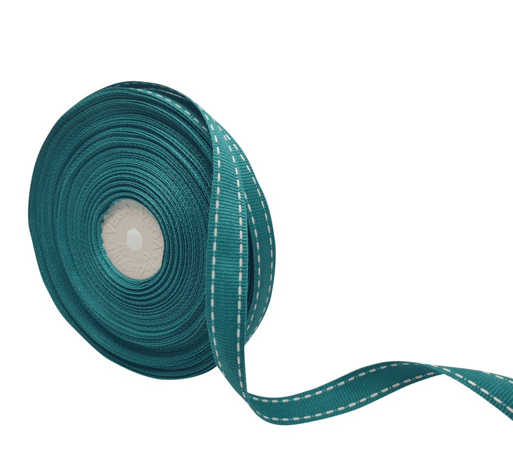 TEAL WITH WHITE ALLURA STITCHED RIBBON (15MM | 25MTR)