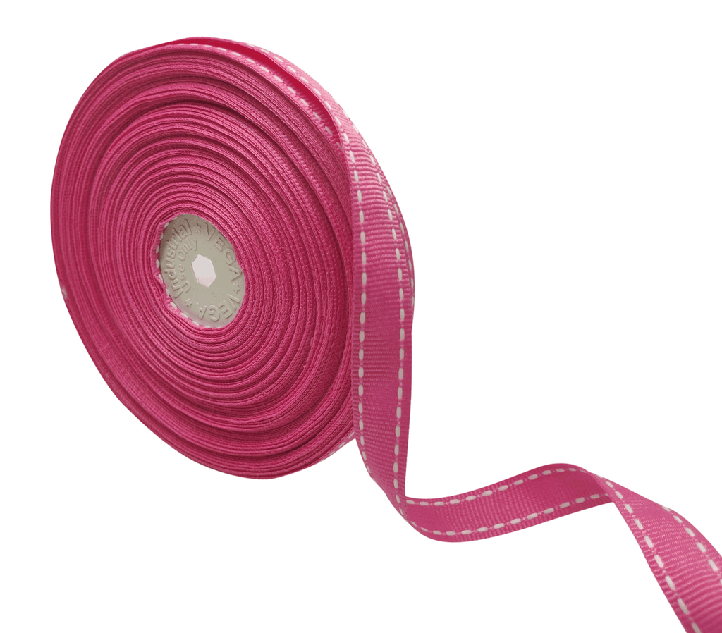 HOT PINK WITH WHITE ALLURA STITCHED RIBBON (15MM | 25MTR)