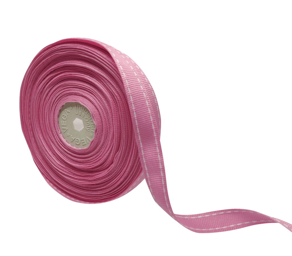 PINK WITH WHITE ALLURA STITCHED RIBBON (15MM | 25MTR)