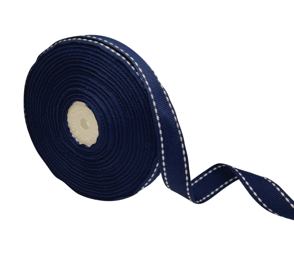 NAVY BLUE WITH WHITE ALLURA STITCHED RIBBON (20MM | 25MTR)