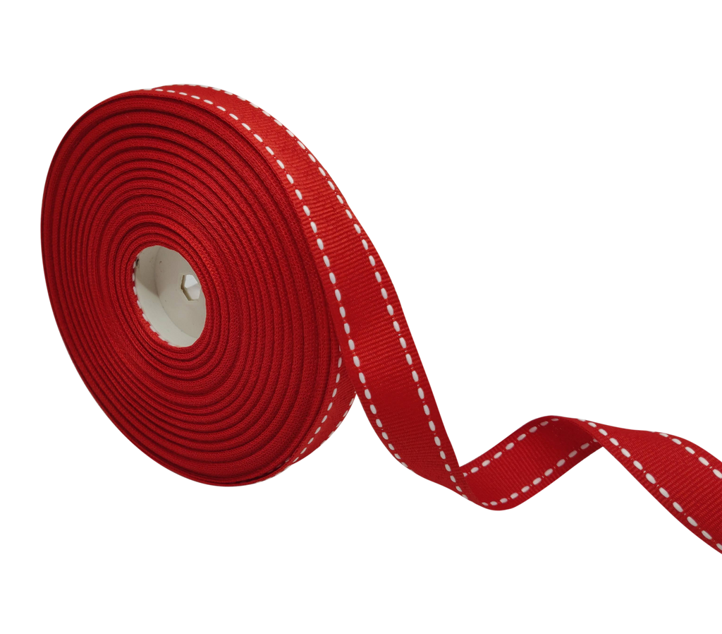 RED WITH WHITE ALLURA STITCHED RIBBON (20MM | 25MTR)