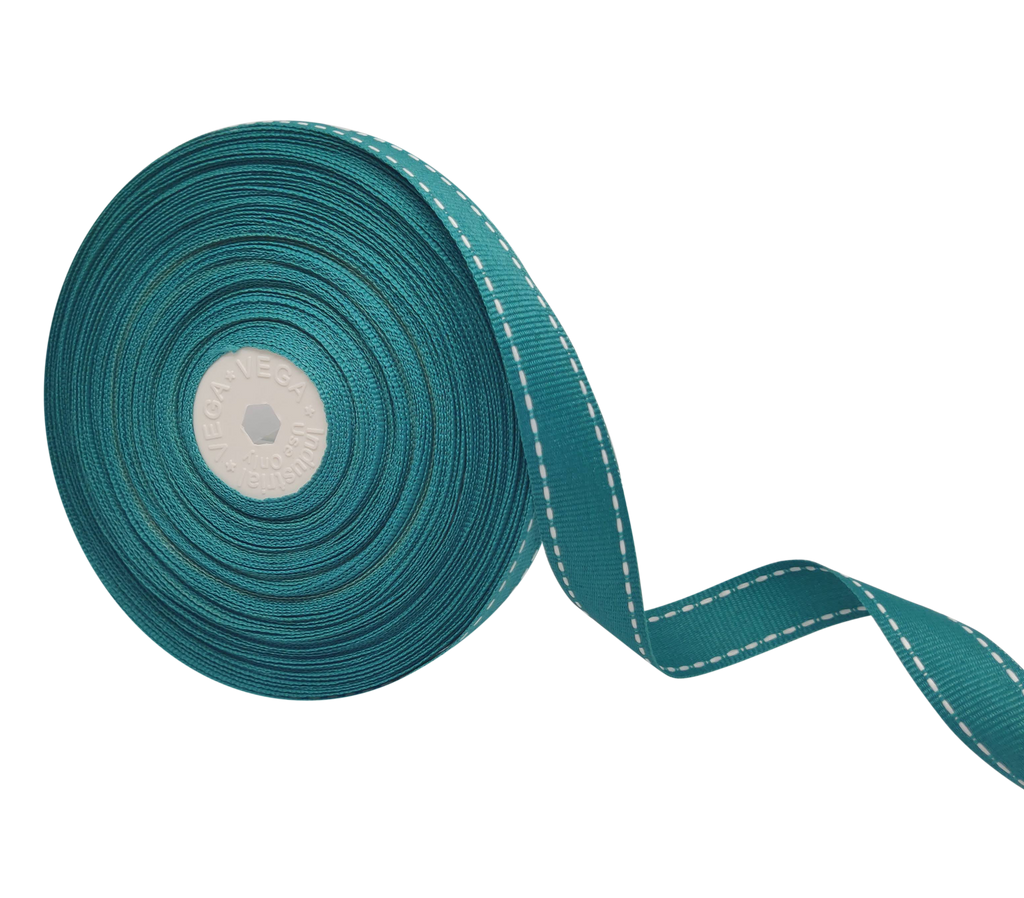 TEAL WITH WHITE ALLURA STITCHED RIBBON (20MM | 25MTR)