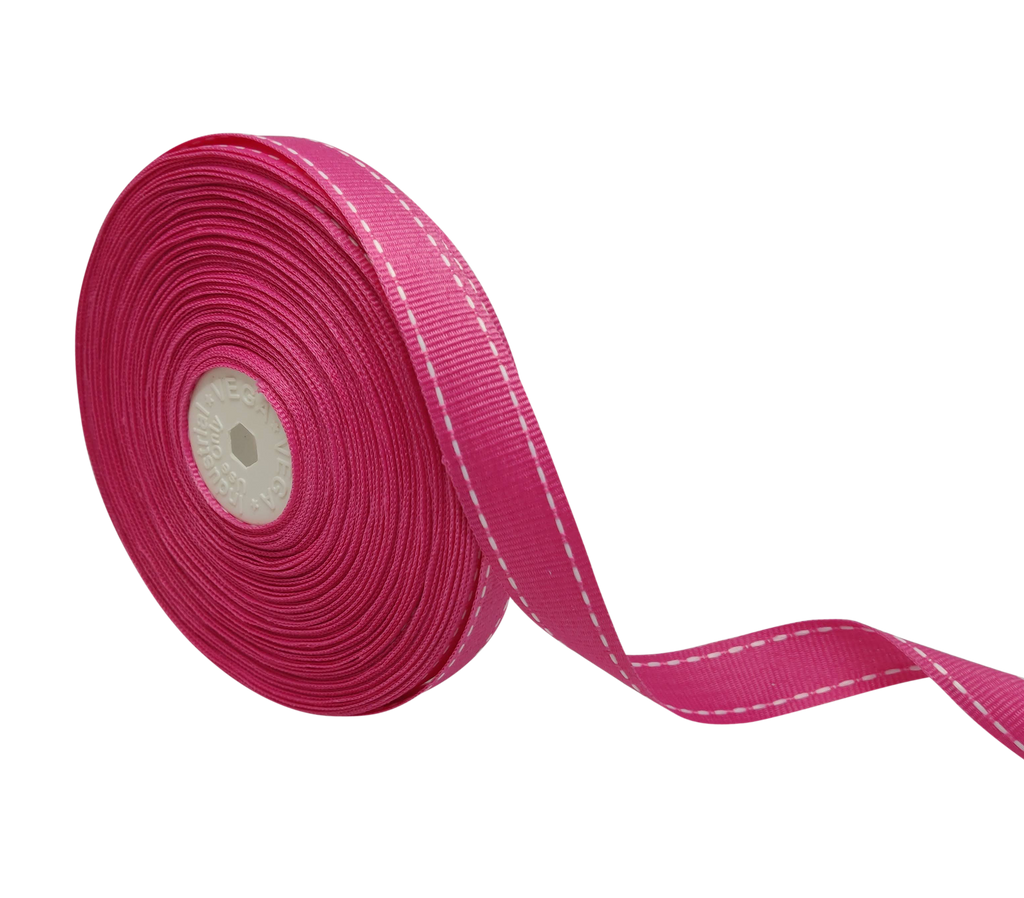 HOT PINK WITH WHITE ALLURA STITCHED RIBBON (20MM | 25MTR)
