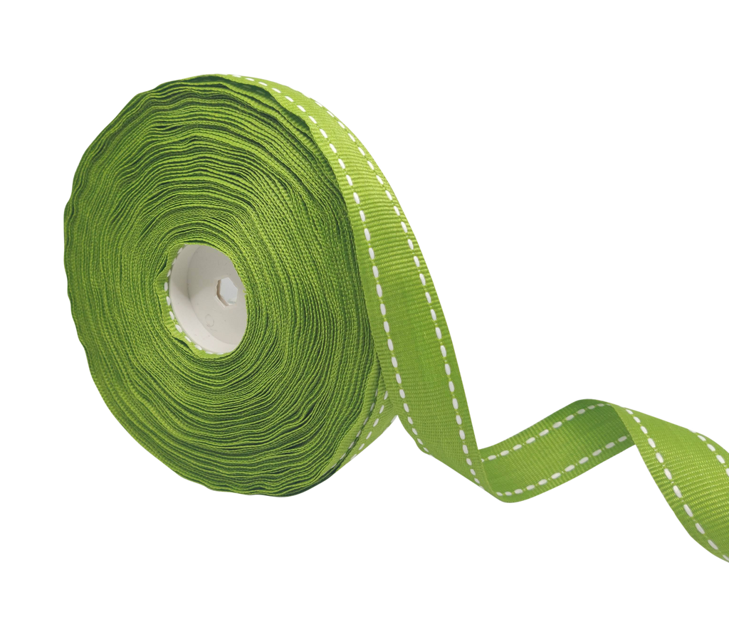 LEAF GREEN WITH WHITE ALLURA STITCHED RIBBON (20MM | 25MTR)