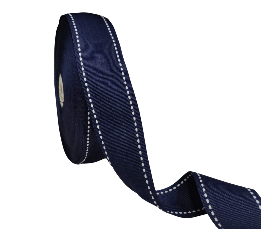 NAVY BLUE WITH WHITE ALLURA STITCHED RIBBON (38MM | 25MTR)