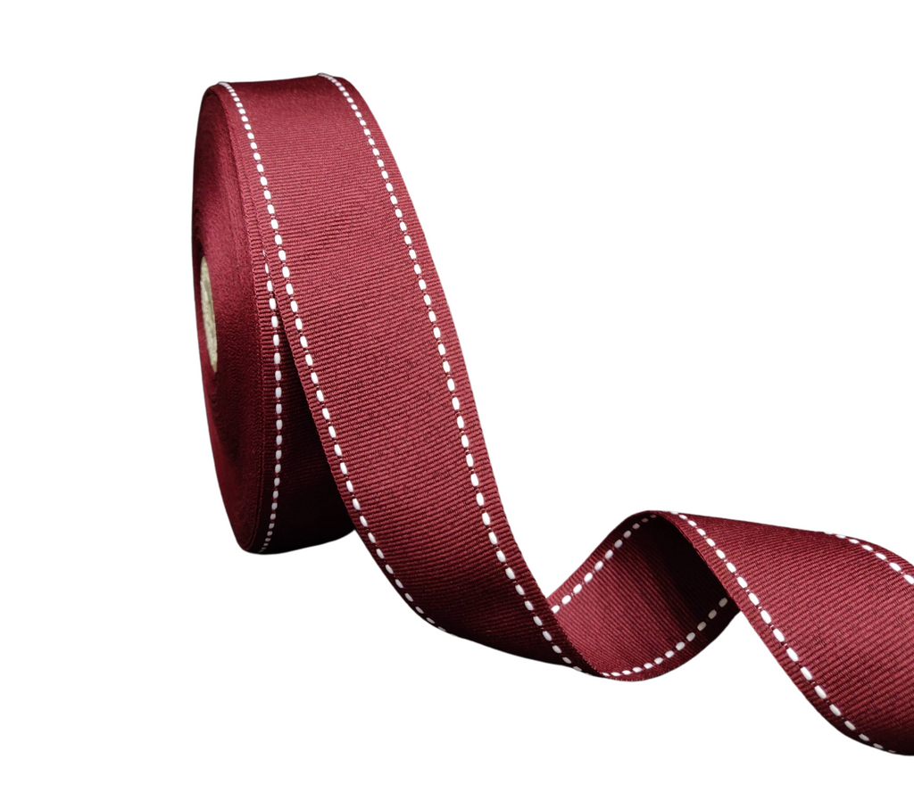 MAROON WITH WHITE ALLURA STITCHED RIBBON (38MM | 25MTR)