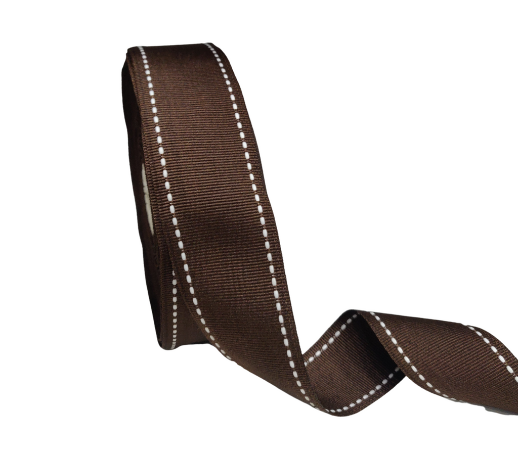 COFFEE BROWN WITH WHITE ALLURA STITCHED RIBBON (38MM | 25MTR)