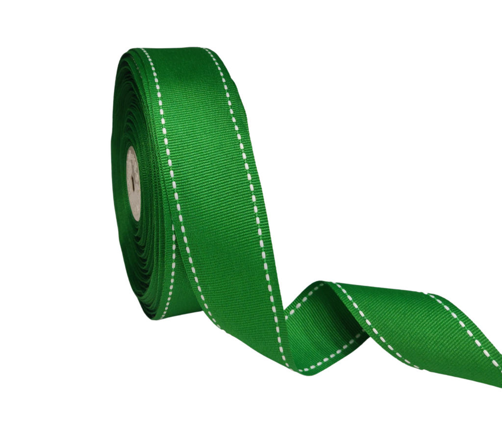 GREEN WITH WHITE ALLURA STITCHED RIBBON (38MM | 25MTR)