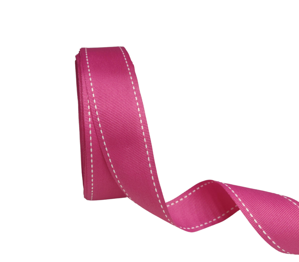 HOT PINK WITH WHITE ALLURA STITCHED RIBBON (38MM | 25MTR)