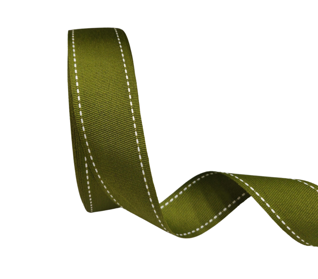 OLIVE GREEN WITH WHITE ALLURA STITCHED RIBBON (38MM | 25MTR)
