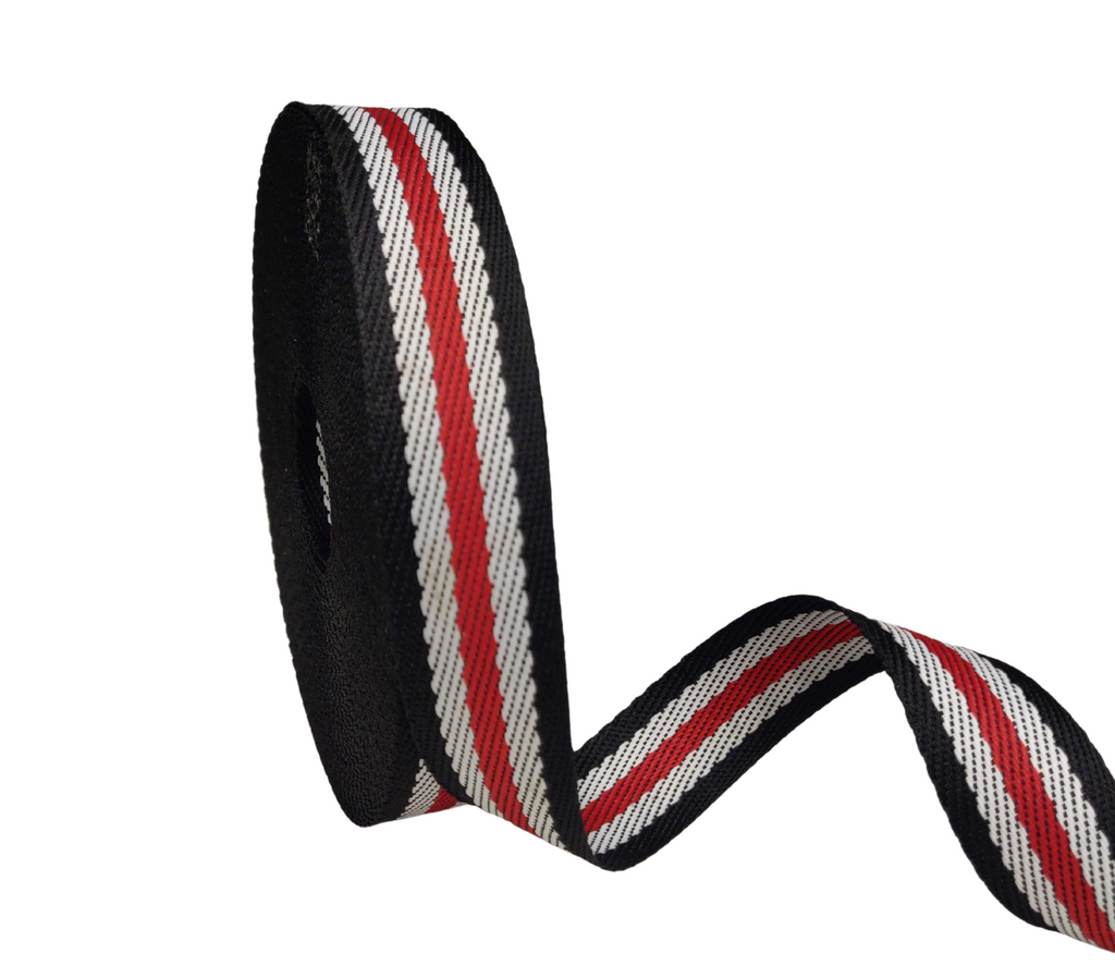 BLACK-WHITE-RED WOVEN STRIPES RIBBON (25 MM)