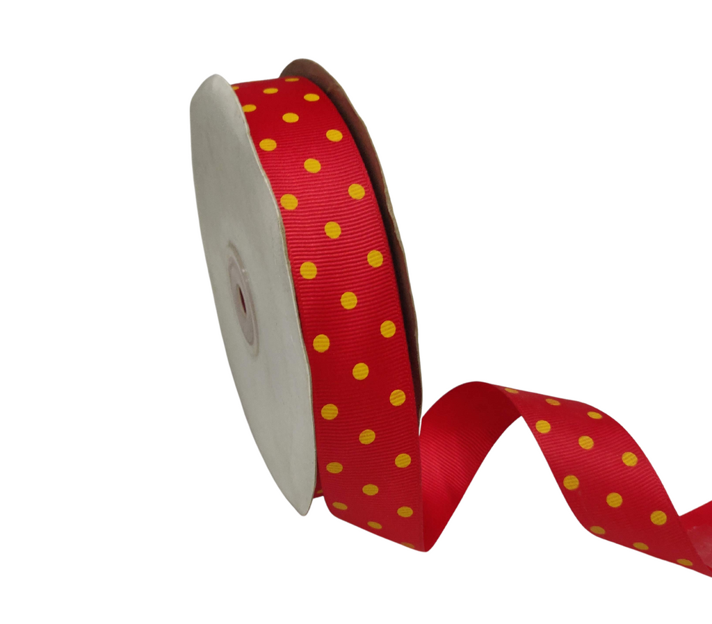 SCARLET RED WITH YELLOW ARIA DOTS RIBBON (25MM | 45MTR)