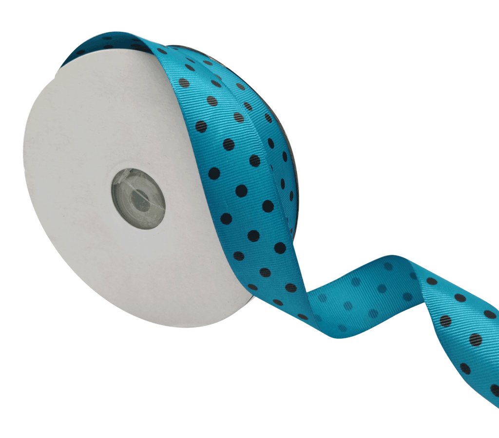 TURQUOISE BLUE WITH BLACK ARIA DOTS RIBBON (25MM | 45MTR)