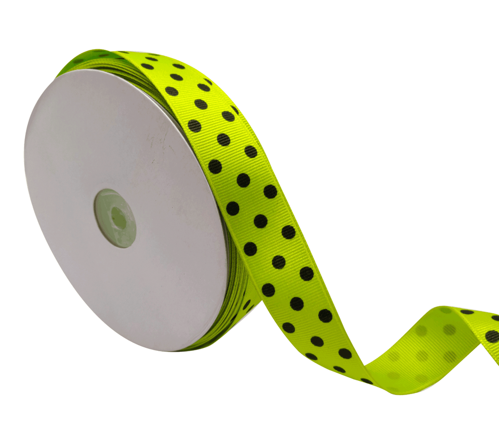 LIME GREEN WITH BLACK ARIA DOTS RIBBON (25MM | 45MTR)