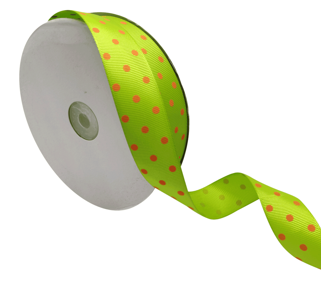 LIME GREEN WITH ORANGE ARIA DOTS RIBBON (25MM | 45MTR)