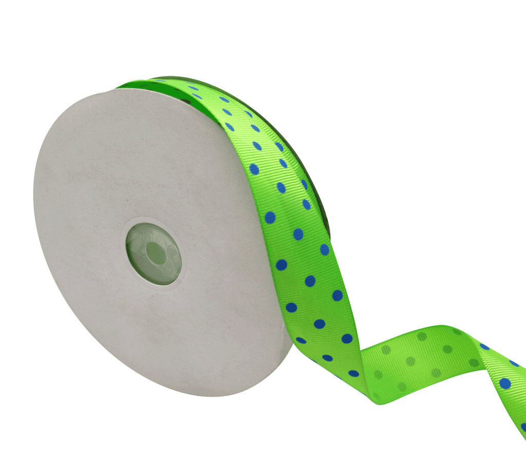 SPRING GREEN WITH BLUE ARIA DOTS RIBBON (25MM | 45MTR)