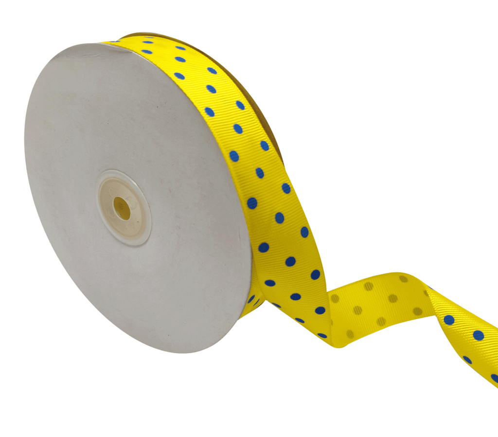 YELLOW WITH BLUE ARIA DOTS RIBBON (25MM | 45MTR)