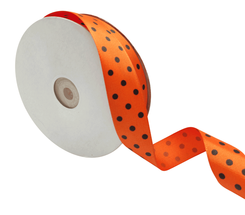 ORANGE WITH BLACK ARIA DOTS RIBBON (25MM | 45MTR)