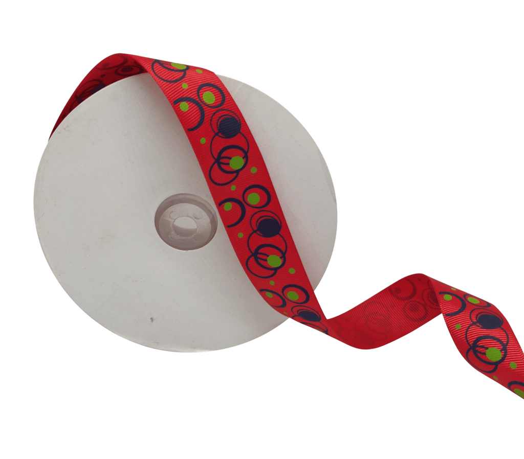 RED WITH MULTICOLOURED CIRCLES RIBBON (25 MM)