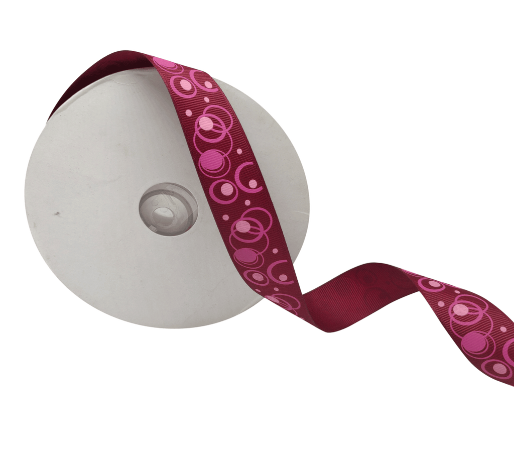 MAROON WITH MULTICOLOURED CIRCLES RIBBON (25 MM)