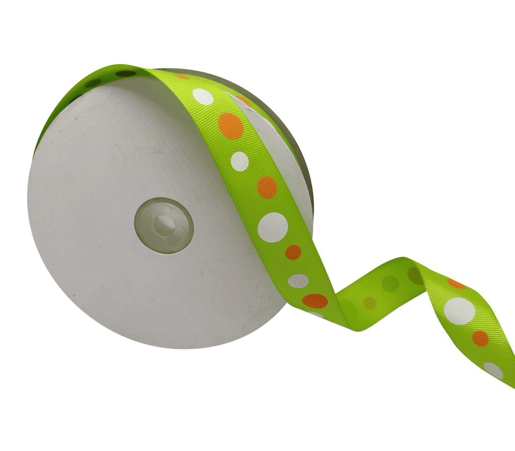 LEAF GREEN WITH MULTICOLOURED CIRCLES RIBBON (25 MM)