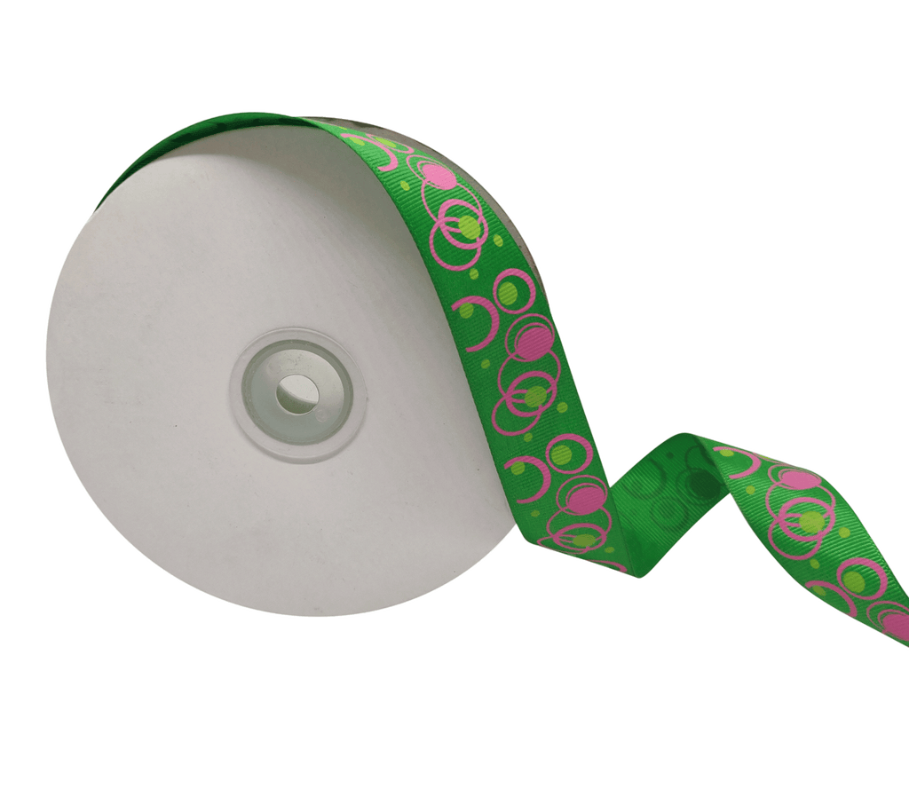 GREEN WITH MULTICOLOURED CIRCLES RIBBON (25 MM)