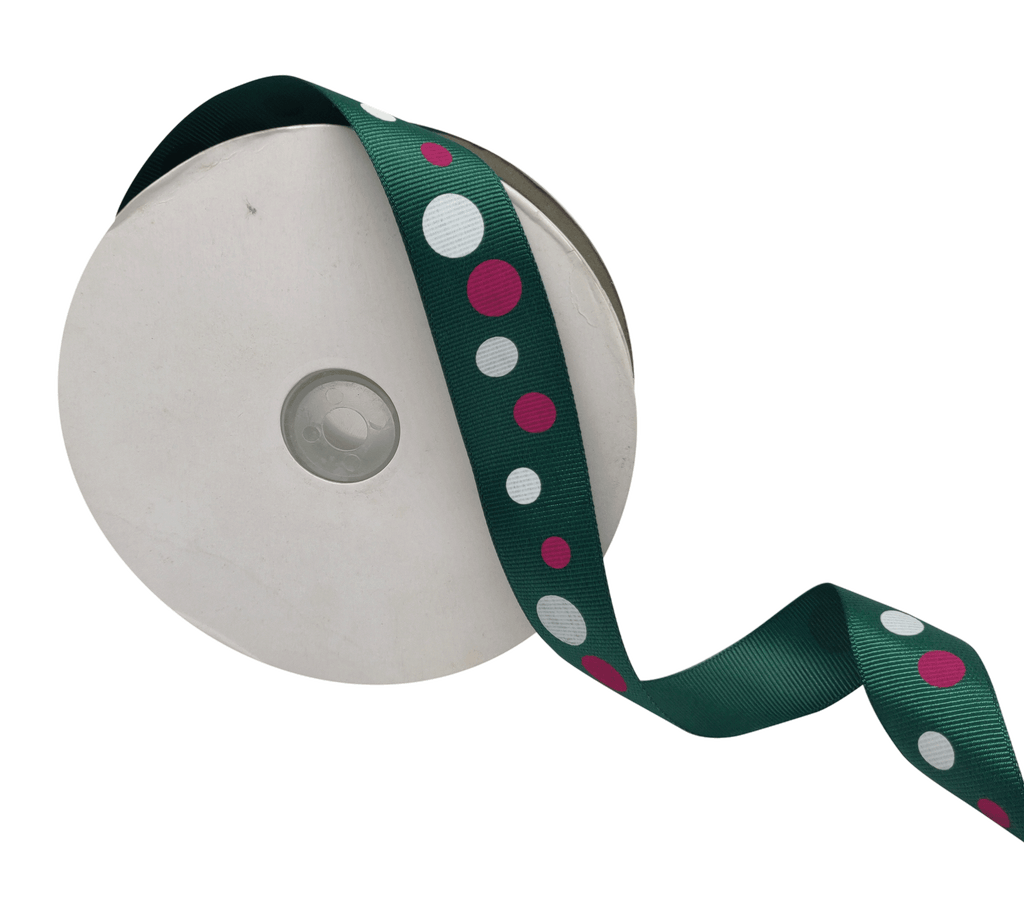 BOTTLE GREEN WITH MULTICOLOURED CIRCLES RIBBON (25 MM)