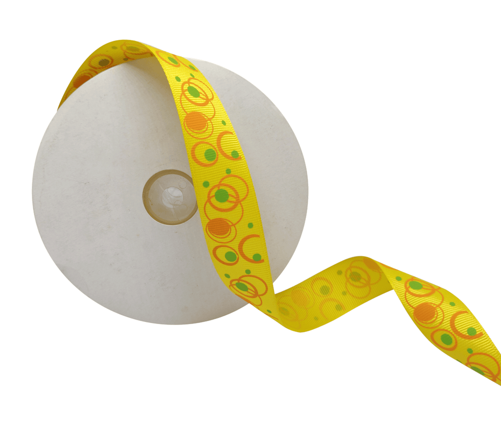 YELLOW WITH MULTICOLOURED CIRCLES RIBBON (25 MM)