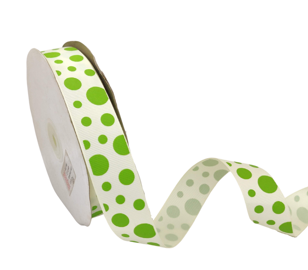 CREAM WITH LIME GREEN CIRCLES RIBBON (25 MM)