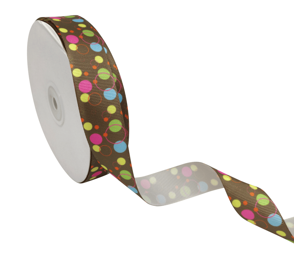 BROWN WITH MULTI-COLOUR CIRCLES RIBBON (25 MM)