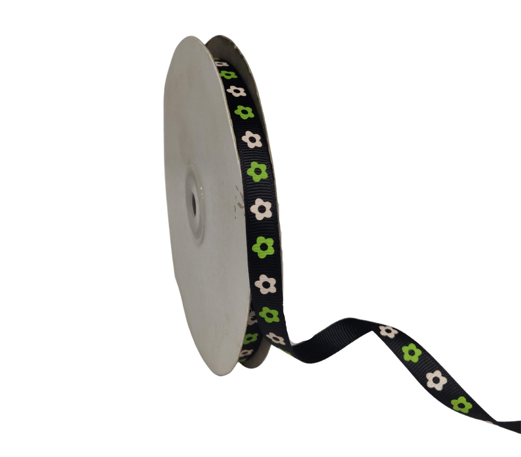 BLACK WITH GREEN & WHITE FLOWERS RIBBON (10 MM)