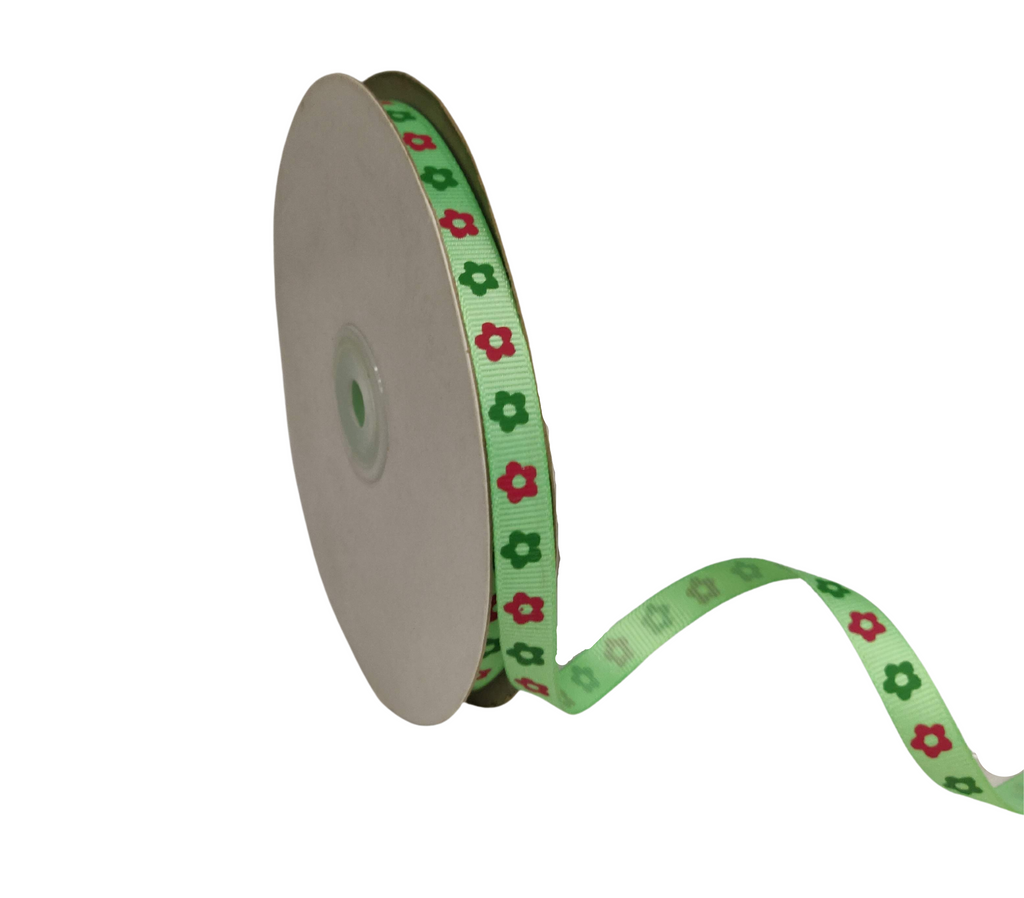 MINT GREEN WITH RED & GREEN FLOWERS RIBBON (10 MM)