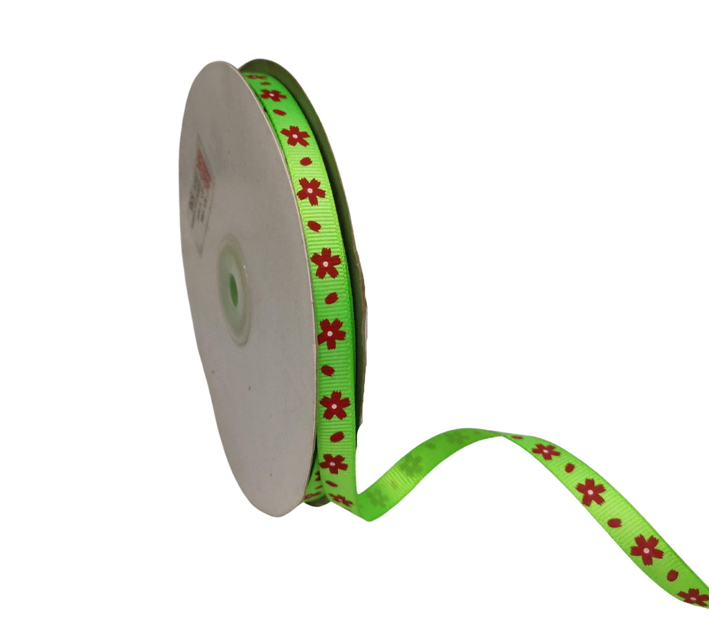 LIGHT GREEN WITH RED FLOWERS RIBBON (10 MM)